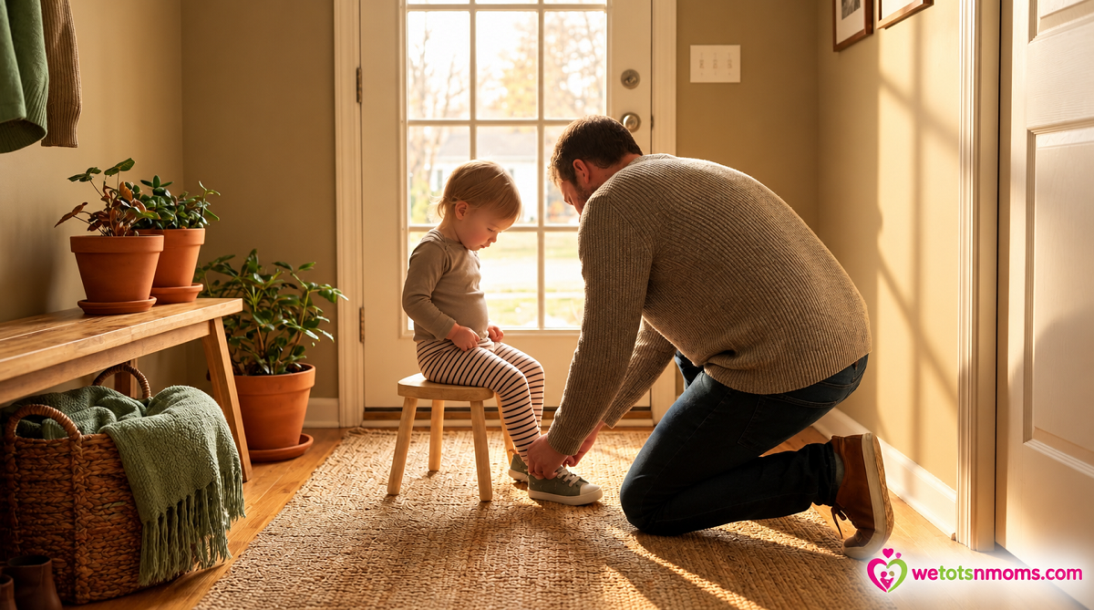 father tying daugther's shoes before going to school